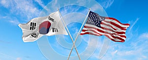 flags of USA and south korea waving in the wind on flagpoles against the sky with clouds on sunny day. Symbolizing relationship,