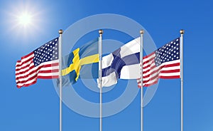 Flags of USA, Sweden, Finland.  - 3D illustration.  Isolated on sky background