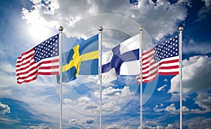 Flags of USA, Sweden, Finland.  - 3D illustration.  Isolated on sky background