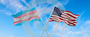 flags USA and transgender Pride waving in the wind on flagpole against the sky with clouds on sunny day. 3d illustration