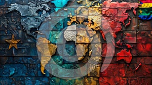 The flags of various countries create a vibrant world map on a wall