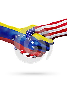 Flags Venezuela and United States countries, overprinted handshake.