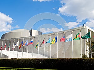 Flags Waving in front of United Nations Headquarters in New York City