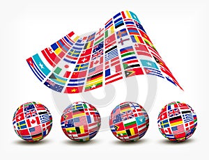 Flags of the world countries. Four globes.