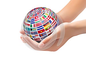 Flags of the world on a globe, held in hands.
