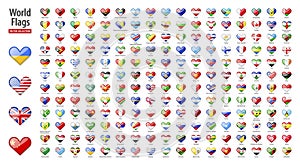 Flags of the world - vector set of heart shaped glossy icons