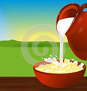 Flakes corn or wheat in a bowl. Milk pouring from the jug a plat