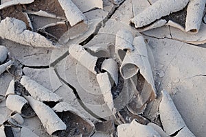 Flakes of dried mud as a background. Dry barren soil texture