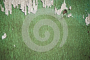Flaking Green Paint on Faded Wood Background