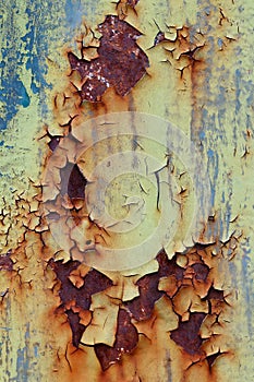 Flaking old and cracked paint from rusty iron