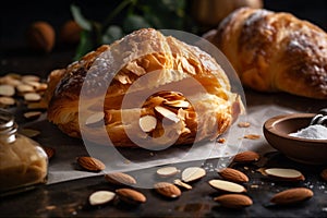 Flaky buttery croissant filled with almond paste and top with powdered sugar. AI generated