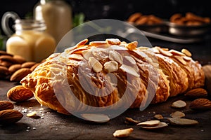 Flaky buttery croissant filled with almond paste and top with powdered sugar. AI generated