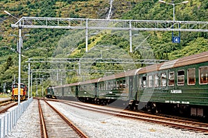 Flam Line train - Flamsbana - at the railway station in Flam Norway