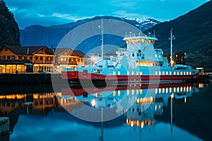 Flam, Norway. Touristic Ship Boat Moored Near Berth In Sognefjord Port. Summer Night. Norwegian Longest And Deepest