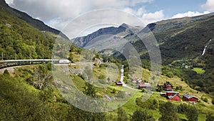 Flam railway landscape. Norwegian tourism highlight. Norway land