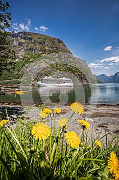 Flam village with ship in harbor against fjord during spring time, Norway