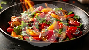 Flamb?ed Bell Peppers and Mushrooms in a Wok