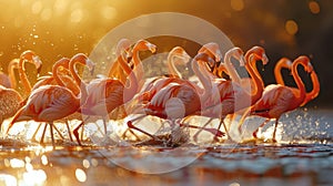 Flamboyant flamingos in synchronized ballet on african salt pan at sunset, vibrant plumage display