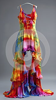 A flamboyant tie-dye dress with ruffled layers on a hanger, blending vivid colors and bohemian flair