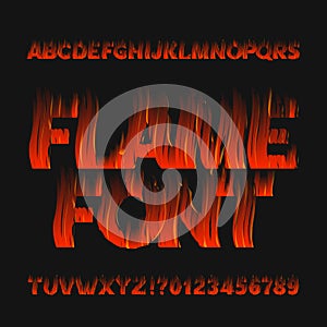 Flame alphabet font. Fire effect type letters and numbers on dark background.