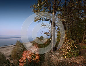 Flame of autumn. View from the hill to the vastness of the Volga River Russia, Ulyanovsk