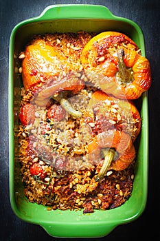 Flame bell peppers stuffed with spiced, aromatic rice and baked in the oven.