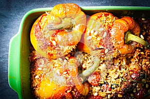 Flame bell peppers stuffed with spiced, aromatic rice and baked in the oven.