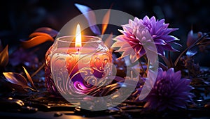 Flame burning, candle glowing, flower petal, nature ornament generated by AI