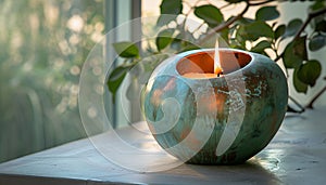 Flame burning, candlelight illuminates vase nature relaxation photo