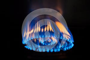 A flame burning on a gas stove