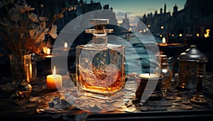 Flame dances on candle, whiskey bottle on dark wooden table generated by AI