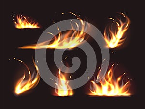 Flame elements. Realistic different shapes combustion, isolated 3d fires, blazing jet, campfires and flames with flying