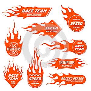 Flame emblem. Speed car race team patch, sport champions label sticker and hot fire badge vector set