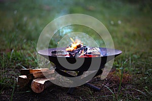 The flame of the fire burns in a metal fire bowl - warm your hands by the fire, stir the firewood with a stick. A hearth with