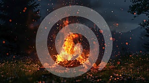 Flame of fire in fores at night