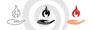 Flame of fire in hand. Vector icon set.