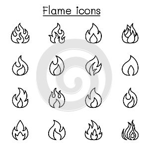 Flame, fire icon set in thin line style