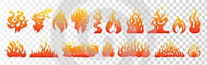 Flame and fire set on transparent background. Hand drawn engraved monochrome color bonfire. Isolated vintage sketch