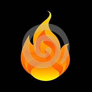 Flame, fireball isolated on black background, fire burn symbol, flames icon, flaming logo, bonfire blaze illustration, icon