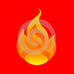 Flame, fireball isolated on red background, fire burn symbol, flames icon, flaming logo, bonfire blaze illustration, icon fireball