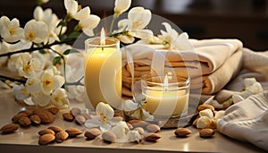 Flame flickers, petals bloom, relaxation in candlelight, pampering body care generated by AI