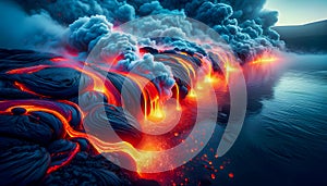 a flame flow surface smoke lava magma molten scorch volcanic steam active hot flames erupt volcano fire erupting Hawaii burn