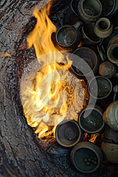 Flame through the flue in the earthen chamber of an ancient pit kiln replica filled with pottery pieces