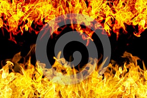 Flame frame around the black background.Copy space