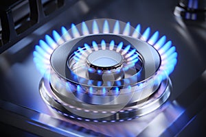 The flame of a gas burner of a home kitchen stove close-up. 3D