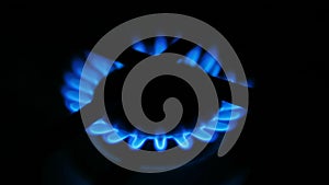 Flame on a gas stove on a black background, a burner with a flame.