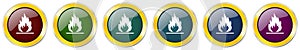 Flame glossy icon set, silver metallic golden vector illustrations in 6 options for web design and mobile applications