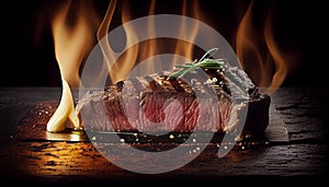 Flame grilled beef steak sizzling on wood barbecue generated by AI