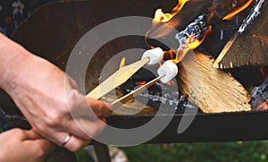 Flame grilled and wood burning in fire and Sticks with marshmallows on fire