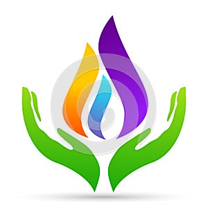 Flame hands care logo water drop logo symbol icon nature drops elements vector design on white background